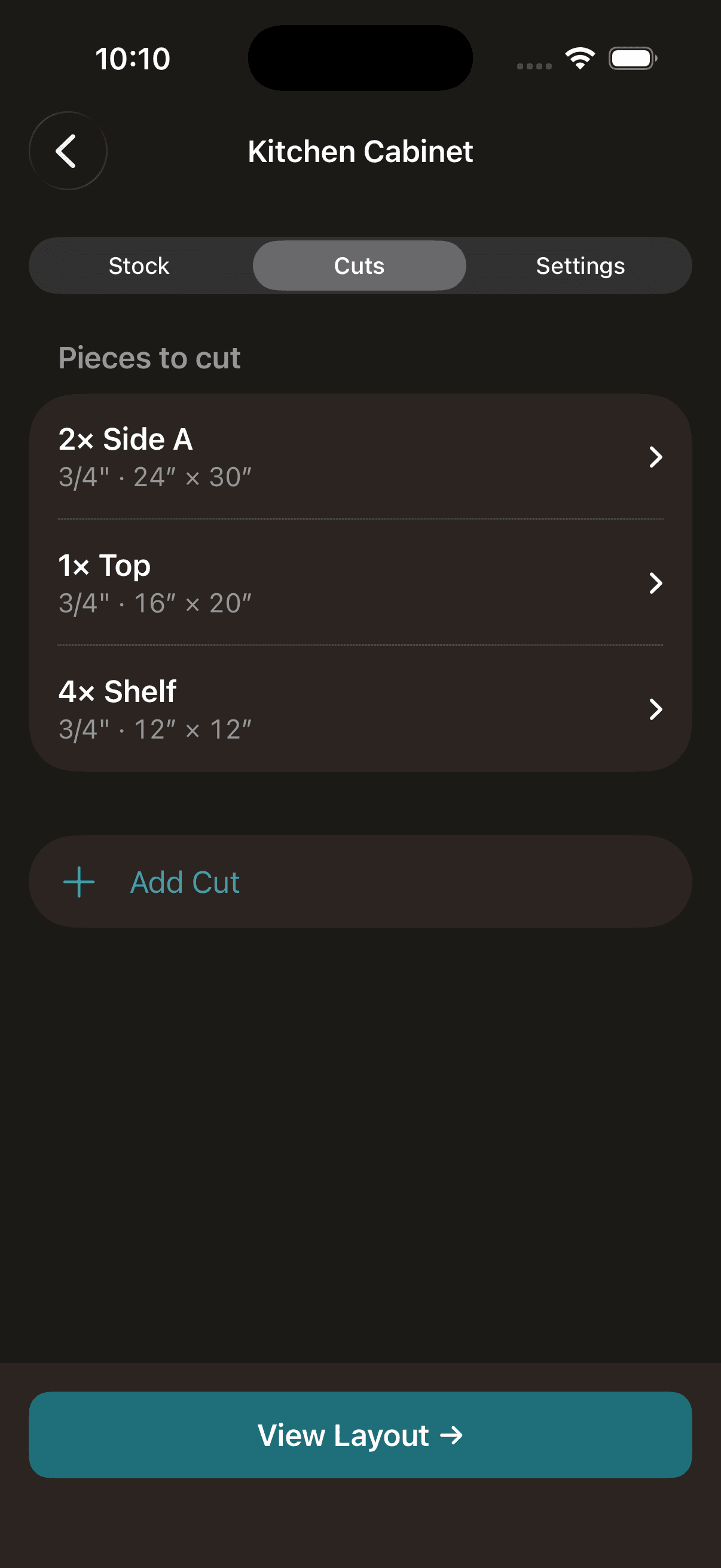 Kerf cut list editor showing pieces with names, dimensions, and quantities