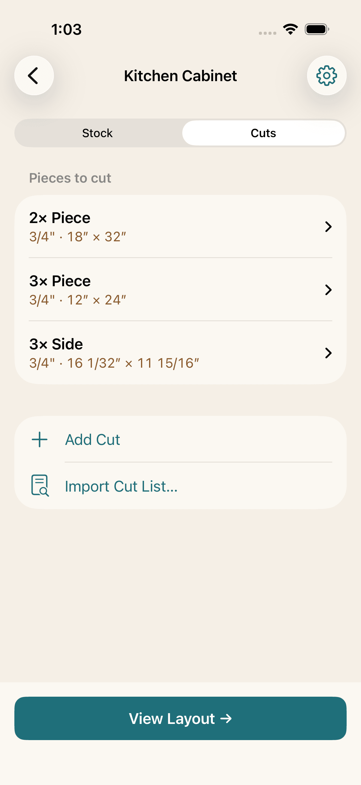 Kerf cuts editor with a grain-lock toggle next to each cut piece