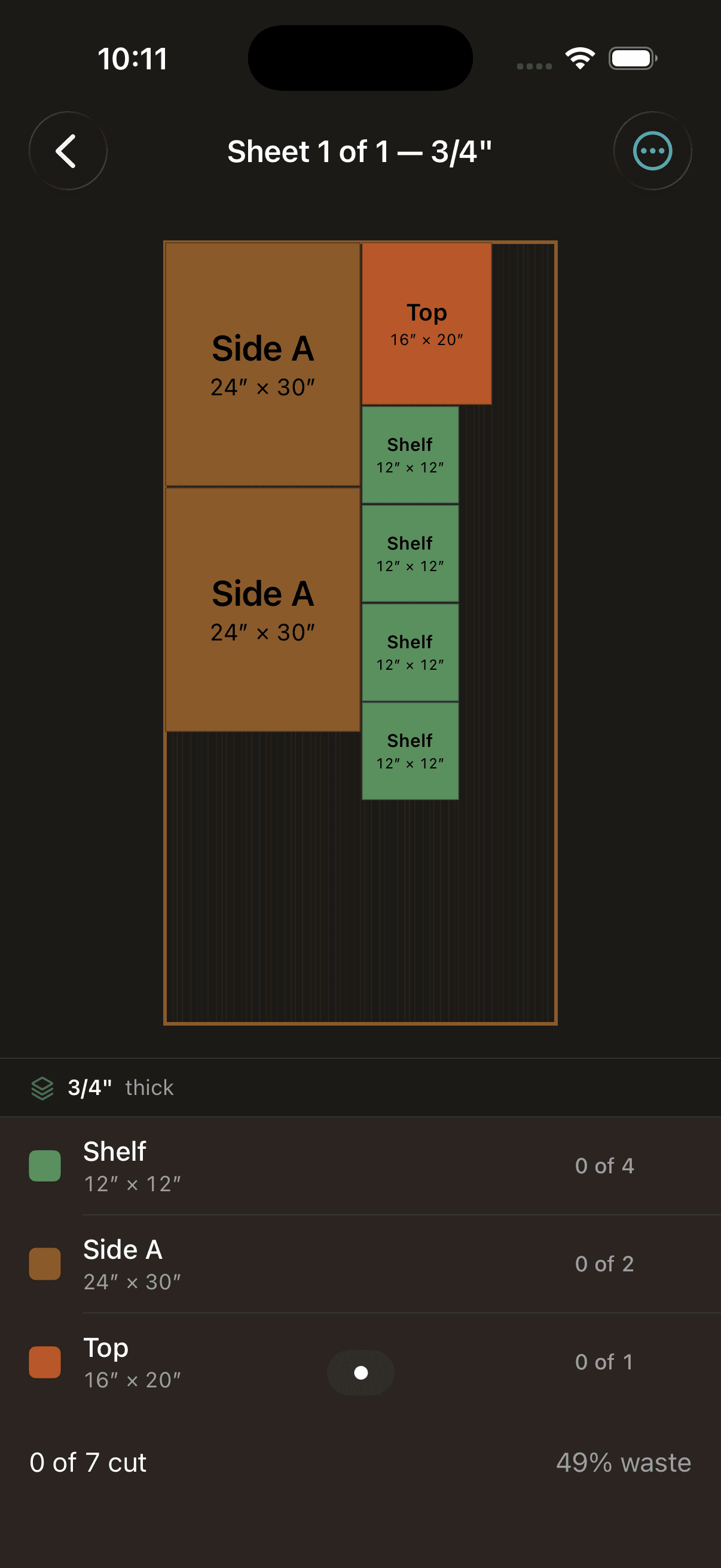 Kerf results screen with the optimized cut layout on a 4x8 plywood sheet